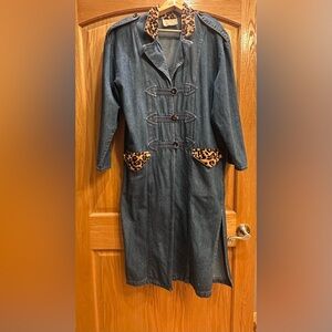 Vintage size Large Spencer Alexis Long Denim Trench with Leopard Trim